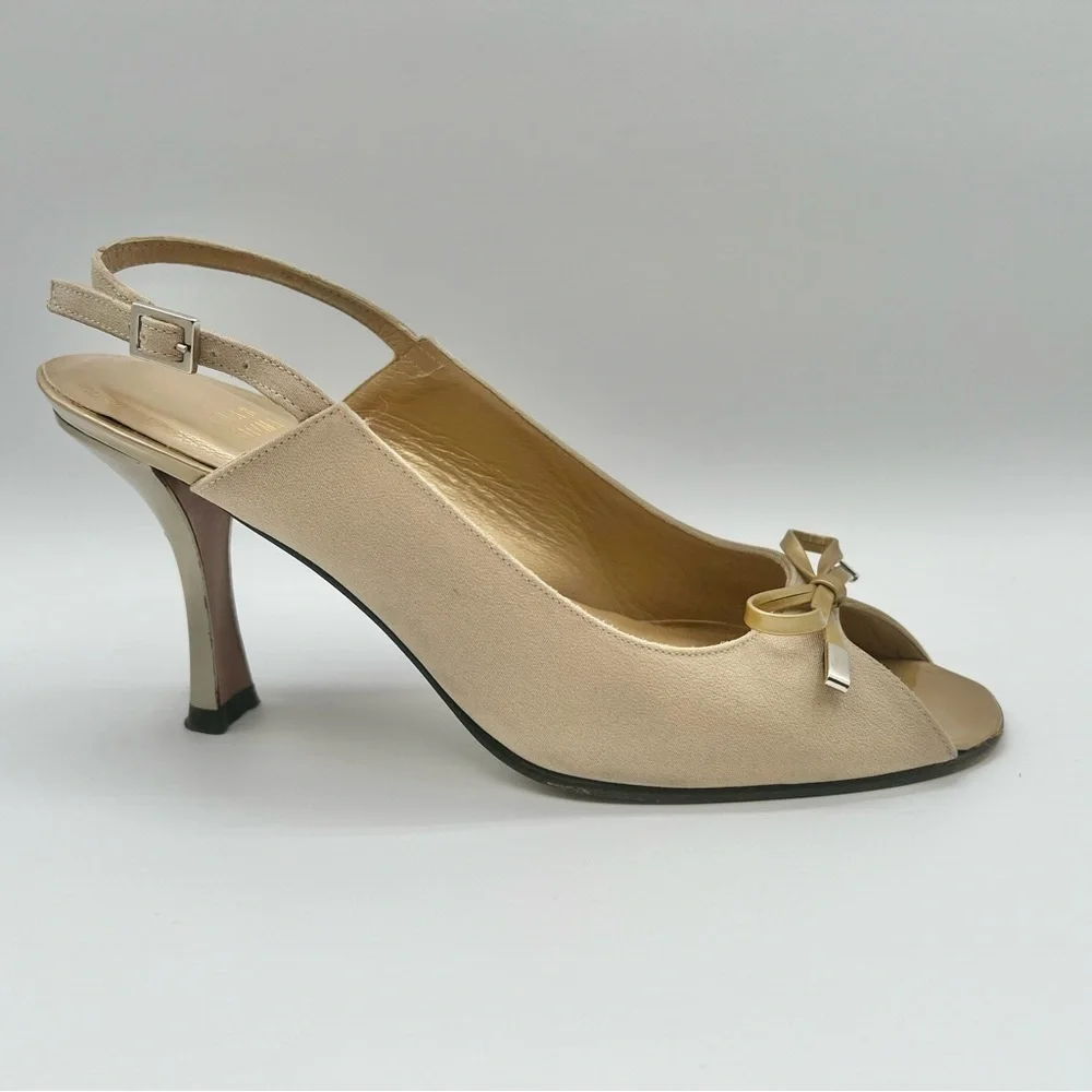 STUART WEITZMAN GOLD PUMP HEELS OPEN TOE SANDALS SLING BACK ADJUSTABLE STRAP 7M - Picture 3 of 14